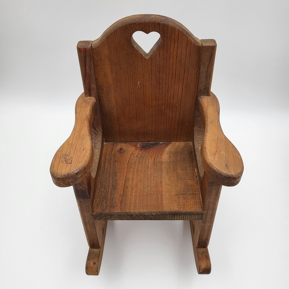Vintage Wooden Doll Rocking Chair Heart Cutout Miniature Rustic Brown Decor - Picture 2 of 7
